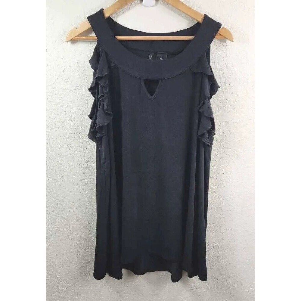 New Directions Women's Top Black Sleeveless Ruffles Mini Scoop Neck XL
